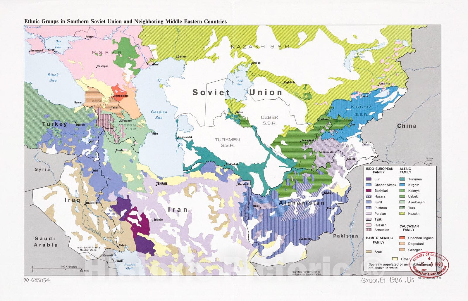 Historic 1986 Map - Ethnic Groups in Southern Soviet Union and neighboring Middle Eastern Countries.