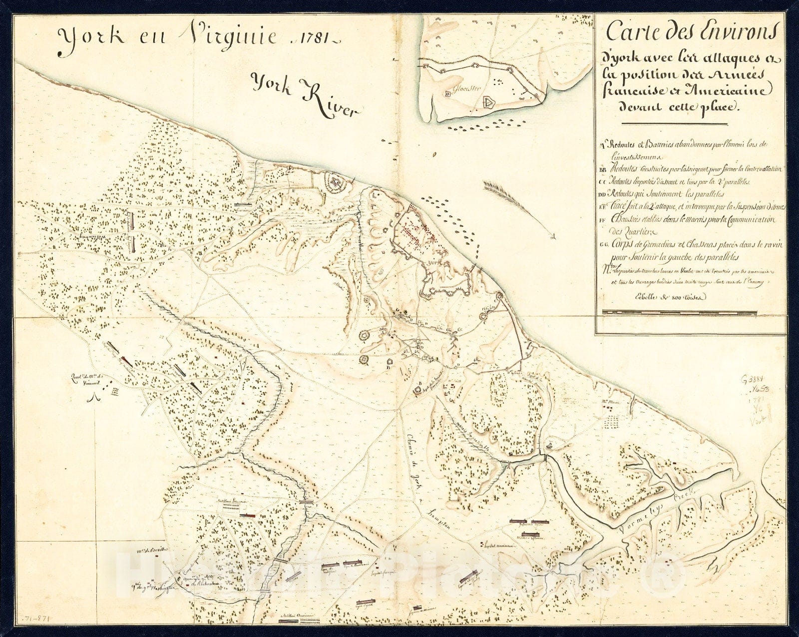 Historic 1781 Map - York en Virginie, 1781. Carte des Environs d'York avec les attaques Ã  la Position des ArmÃ©es Francaise et americaine Devant cette Place.