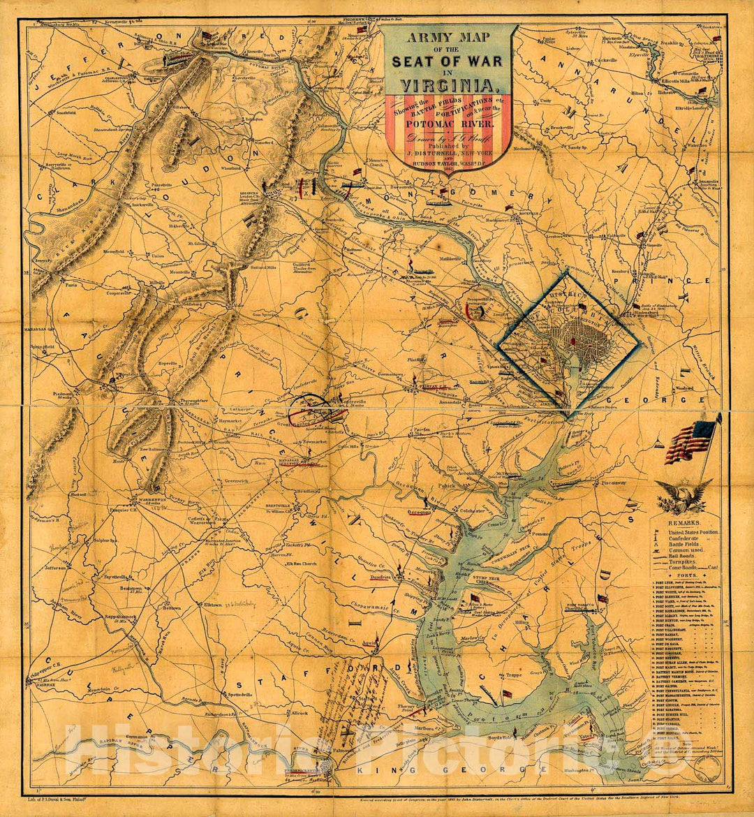 Historic 1862 Map - Army map of The seat of war in Virginia : Showing The Battle Fields, fortifications etc. on & Near The Potomac River