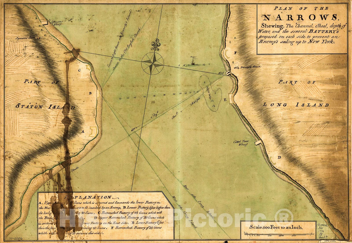 Historic 1776 Map - Plan of The Narrows, shewing The Channel, Shoal, Depth of Water, and The Several battery's Proposed on Each Side to Prevent an enemy's Sailing up to New York.