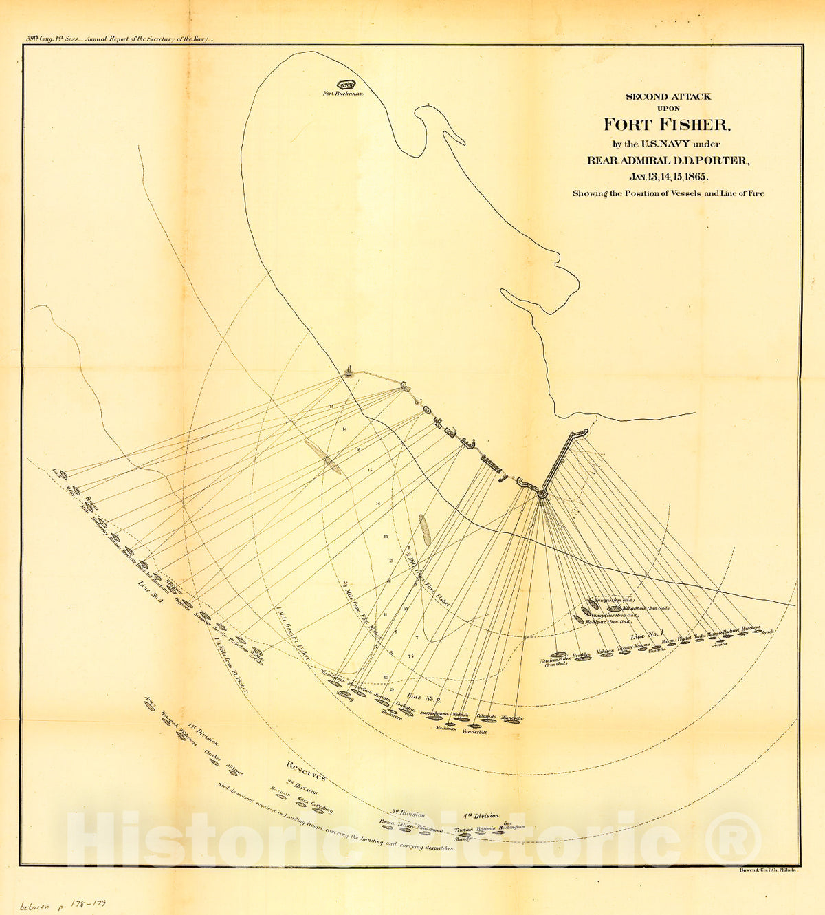 Historic 1865 Map - Second Attack Upon Fort Fisher by The U.S. Navy