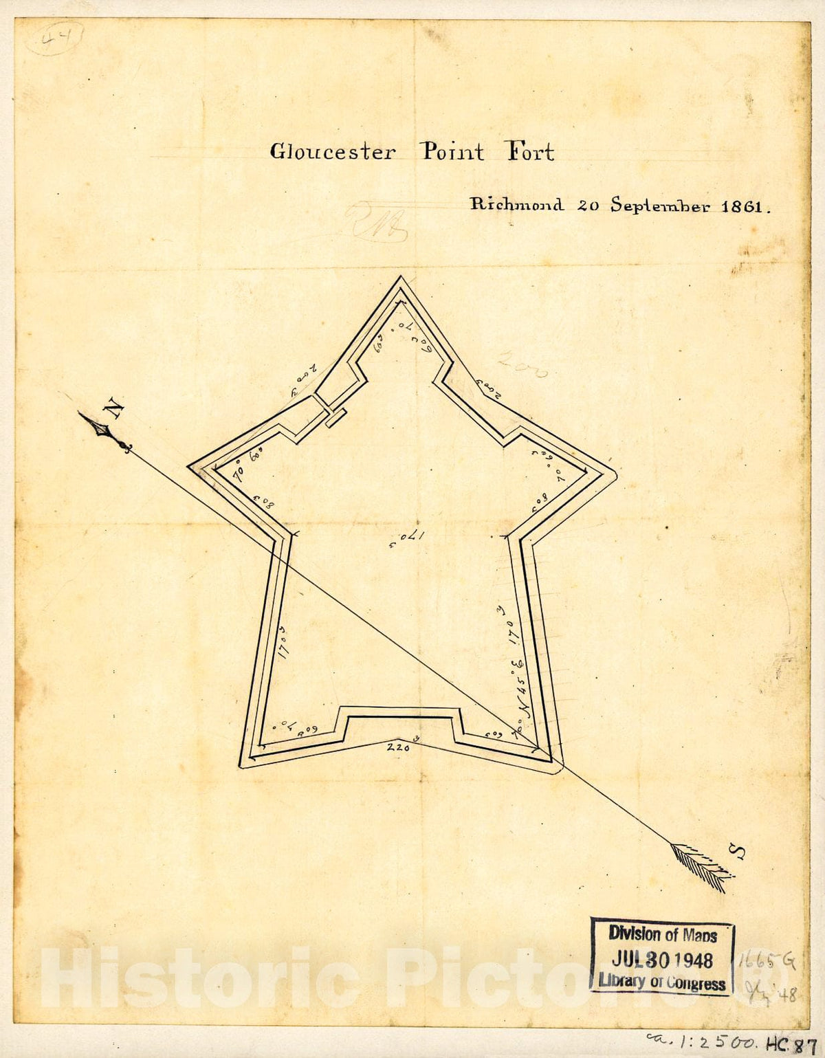 Historic 1861 Map - Gloucester Point Fort, Richmond, 20 September 1861.