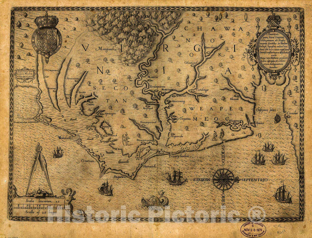 Historic 1590 Map - AmericÃ¦ pars, nunc Virginia Dicta : primum ab Anglis inuenta, sumtibus Dn. Walteri Raleigh, Equestris ordinis Viri, Anno Dni. MDLXXXV regni Vero Sereniss