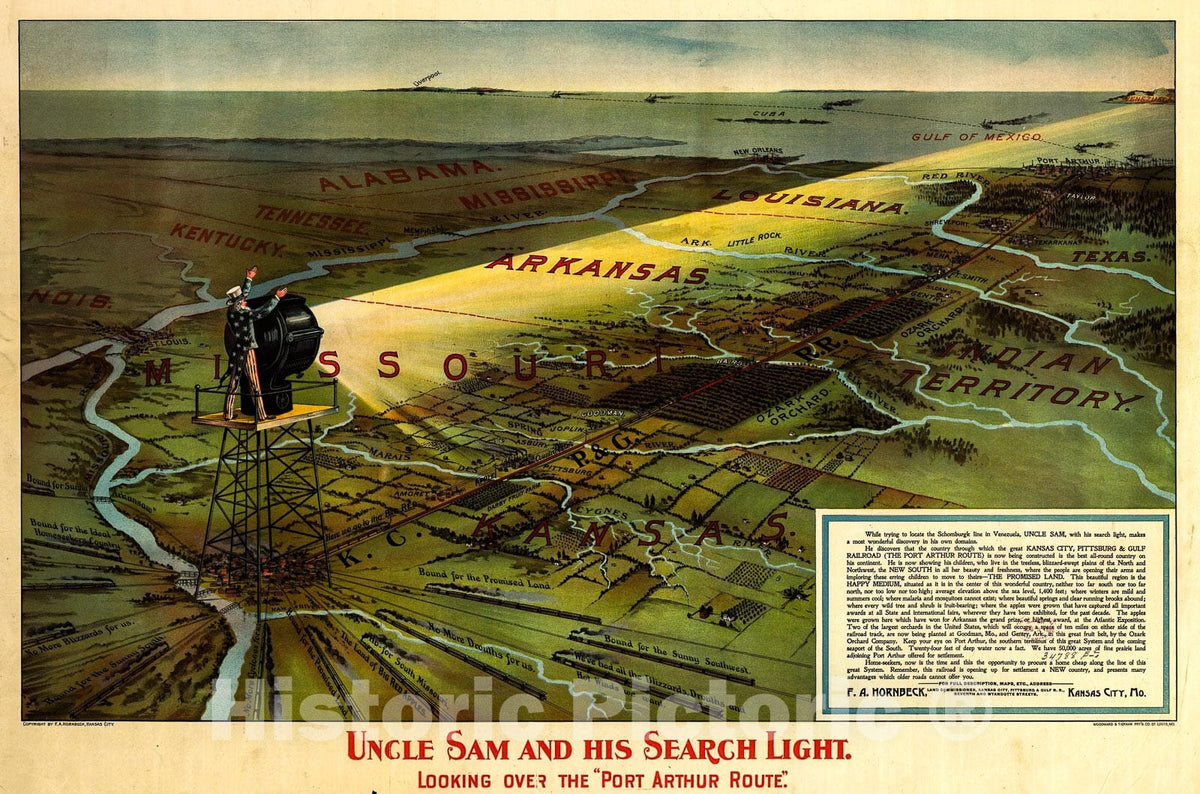 Historic 1896 Map - Uncle Sam and his Search Light Looking Over The;Port Arthur Route.