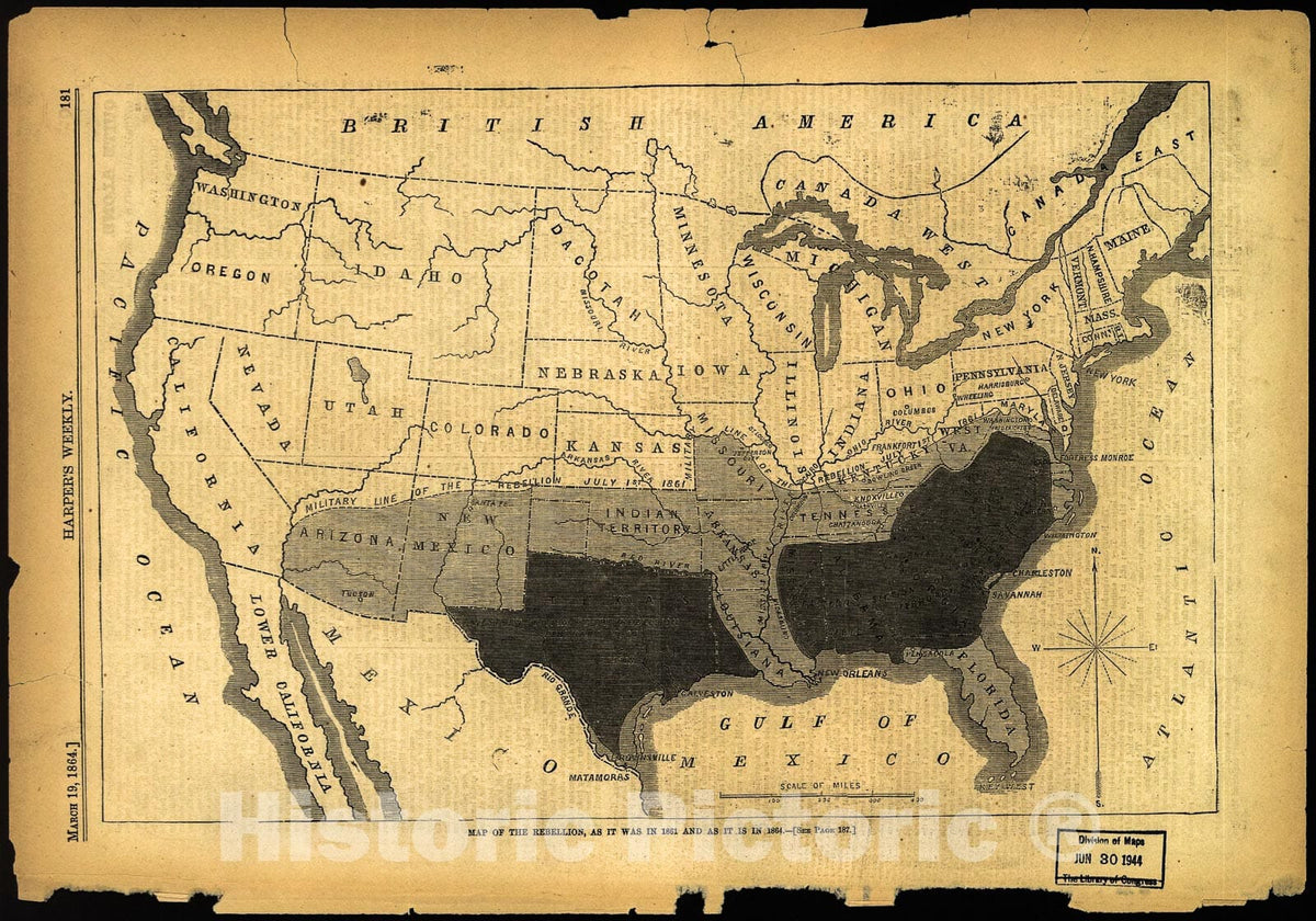 Historic 1864 Map - Map of The Rebellion, as it was in 1861 and as it is in 1864.