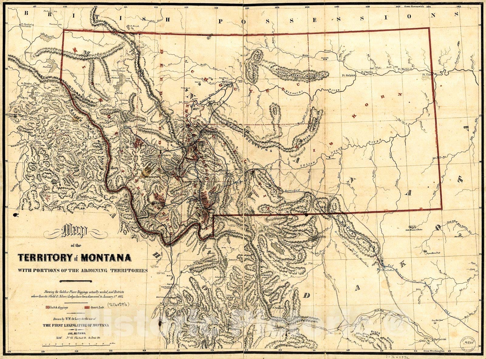 Historic 1865 Map - Map of The Territory of Montana with portions of The adjoining Territories : Showing The Gulch or Placer diggings Actually Worked