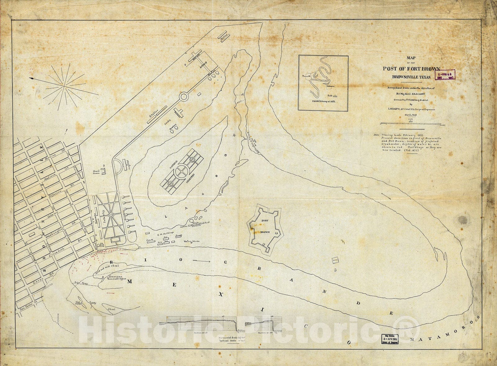 Historic 1877 Map - Map of The Post of Fort Brown, Brownsville, Texas
