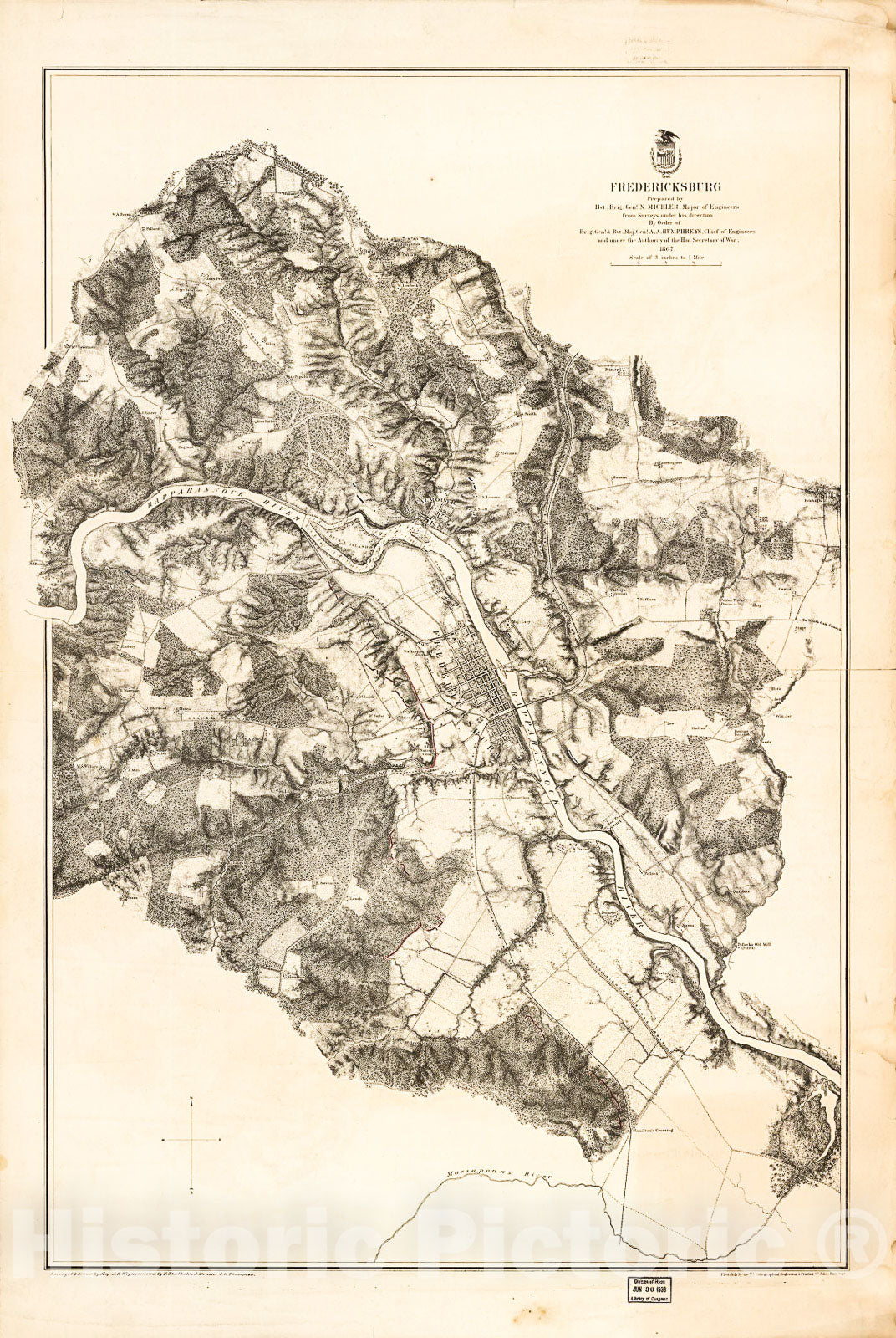 Historic 1867 Map - Fredericksburg. Dec. 1862