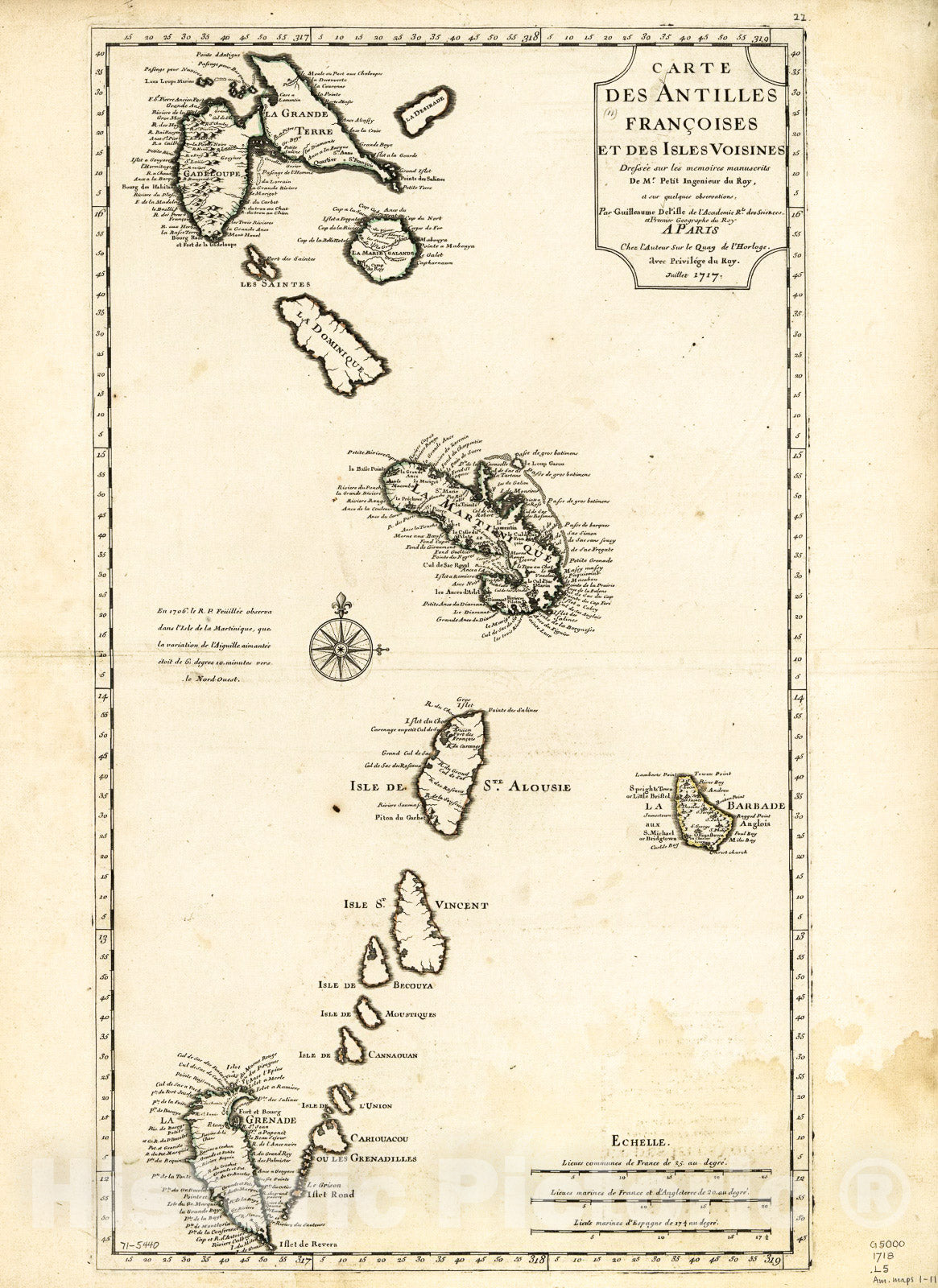 Historic 1718 Map - Carte des Antilles franÃ§oises et des Isles voisines. DressÃ©e sur les memoires manuscrits de Mr. Petit ingenieur du Roy, et sur quelques observations.