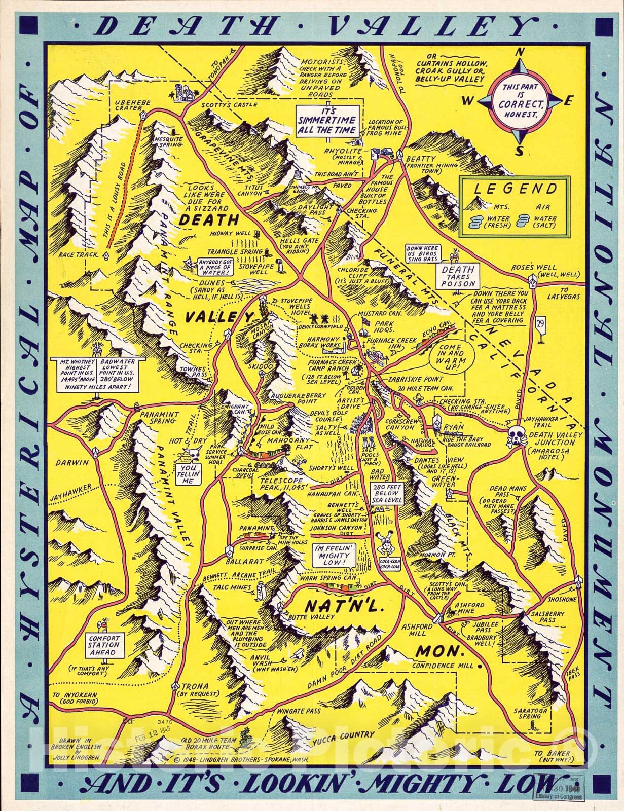 Historic 1948 Map - A Hysterical map of Death Valley National Monument : and It's Lookin' Mighty Low