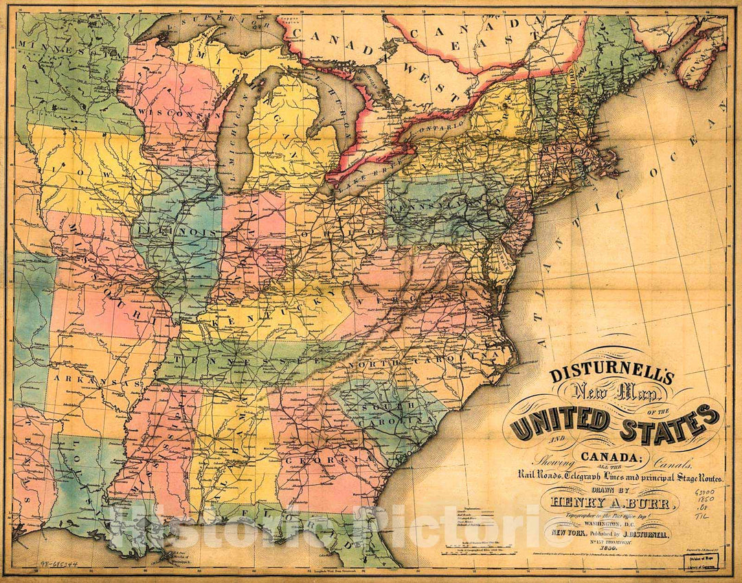 Historic 1850 Map - Disturnell's New map of The United States and Canada : Showing All The canals, Rail Roads, Telegraph Lines and Principal Stage Routes