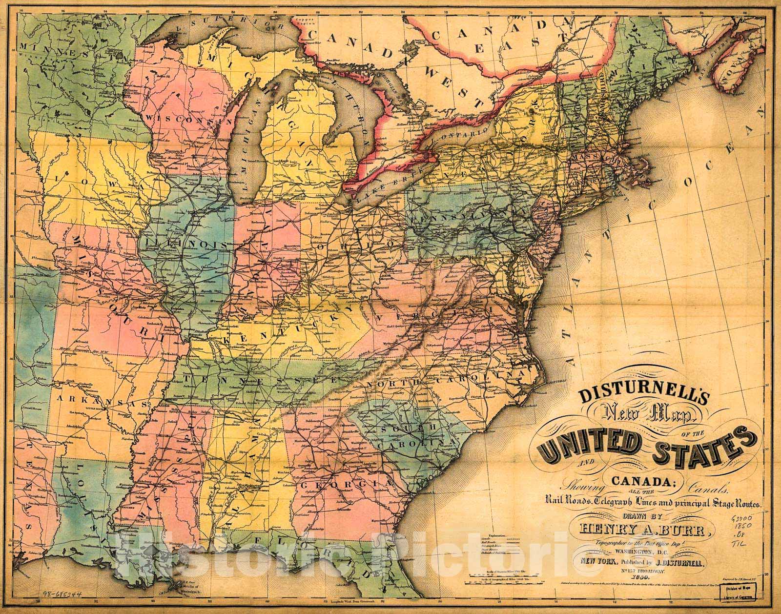 Historic 1850 Map - Disturnell's New map of The United States and Canada : Showing All The canals, Rail Roads, Telegraph Lines and Principal Stage Routes