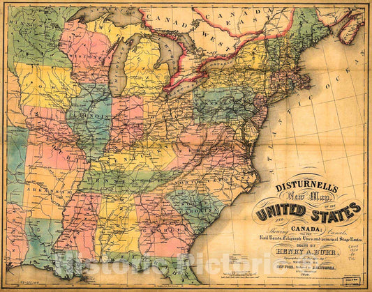Historic 1850 Map - Disturnell's New map of The United States and Canada : Showing All The canals, Rail Roads, Telegraph Lines and Principal Stage Routes