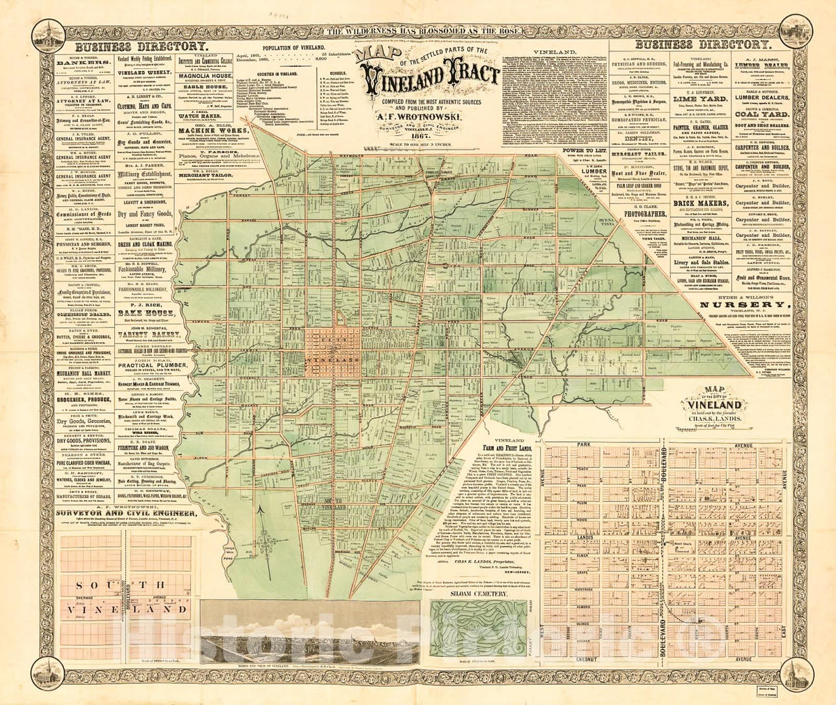 Historic 1867 Map - Map of The Settled Parts of The Vineland Tract
