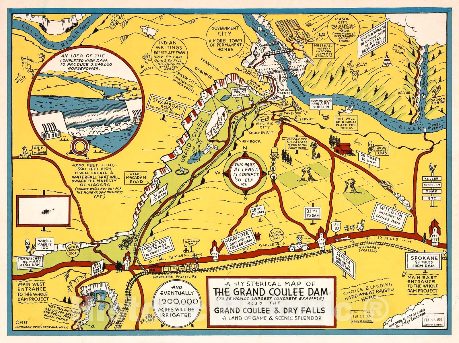 Historic 1935 Map - A Hysterical map of The Grand Coulee Dam (to be The World's Largest Concrete Example), Also The Grand Coulee & Dry Falls : a Land of Game & Scenic Splendor