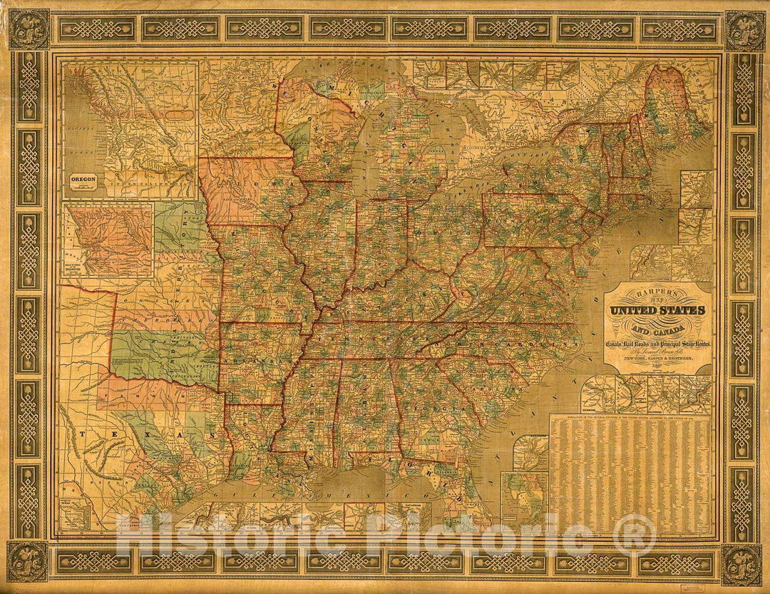 Historic 1847 Map - Harper's cereographic map of The United States and Canada : Showing The canals, Rail Roads, and Principal Stage Routes