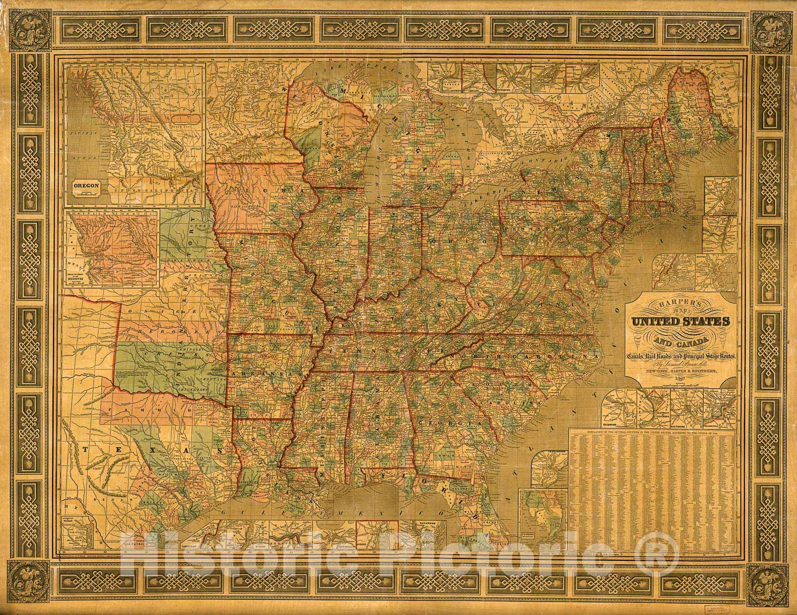 Historic 1847 Map - Harper's cereographic map of The United States and Canada : Showing The canals, Rail Roads, and Principal Stage Routes
