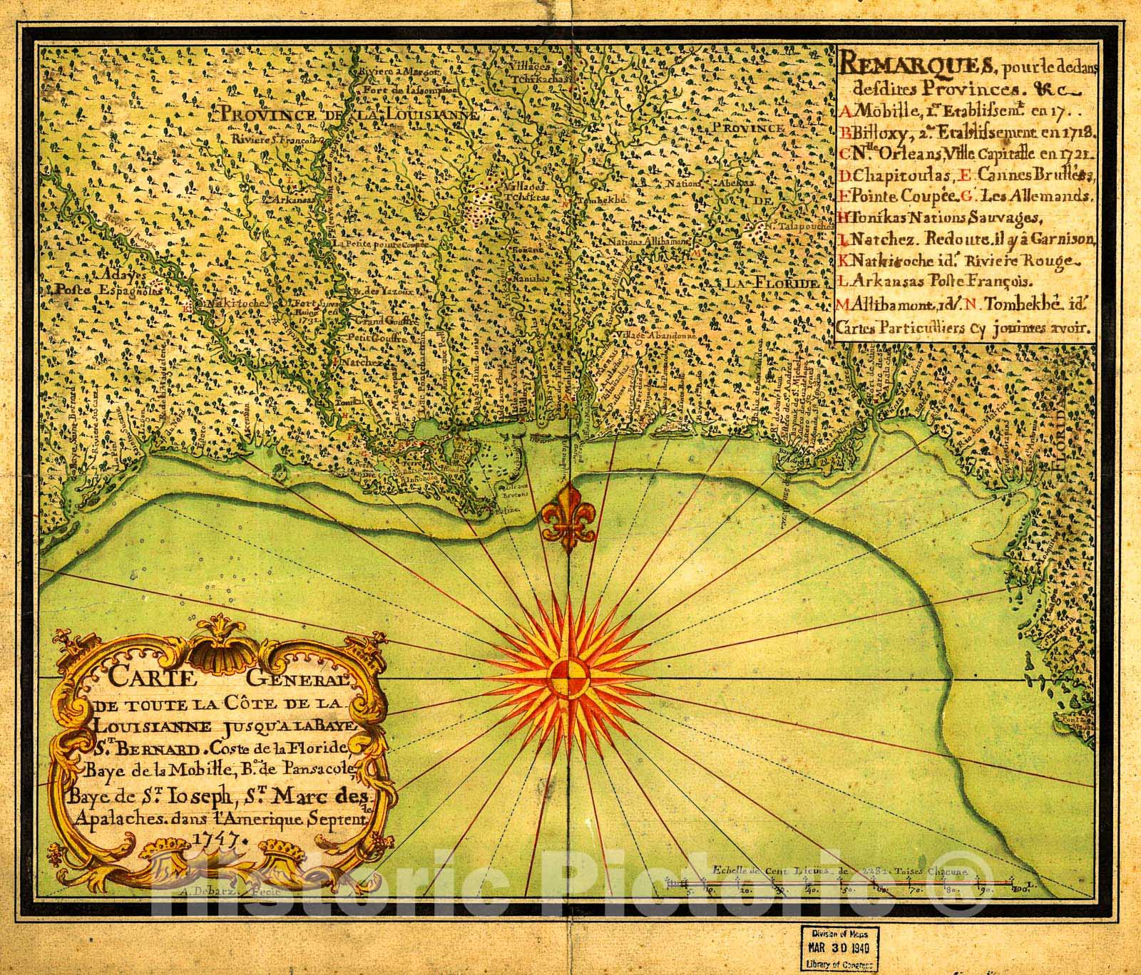 Historic 1747 Map - Carte General de Toute la cÃ´te de la Louisianne jusqu'a la Baye St. Bernard, Coste de la Floride, Baye de la Mobille, Be. de Pansacole, Baye de St. Ioseph