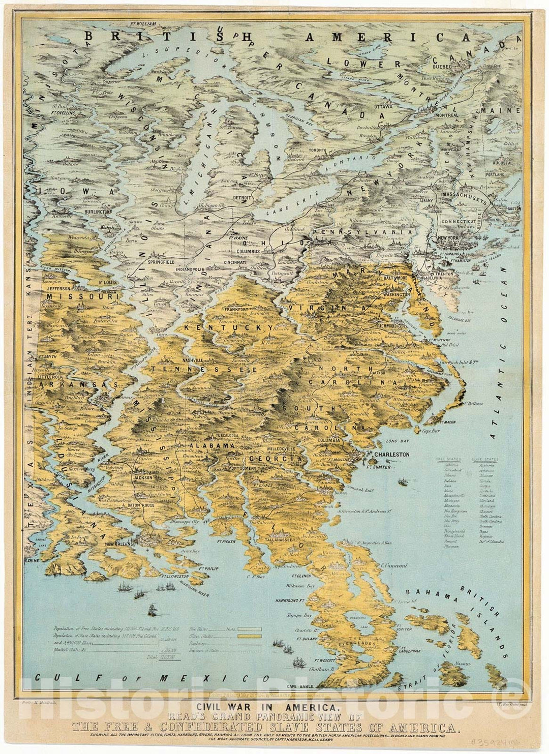 Historic 1861 Map - Civil War in America : Read's Grand Panoramic View of The Free and confederated Slave States of America : Showing All The Important Cities, forts, harbours, Rivers