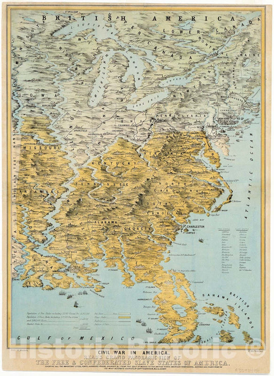 Historic 1861 Map - Civil War in America : Read's Grand Panoramic View of The Free and confederated Slave States of America : Showing All The Important Cities, forts, harbours, Rivers