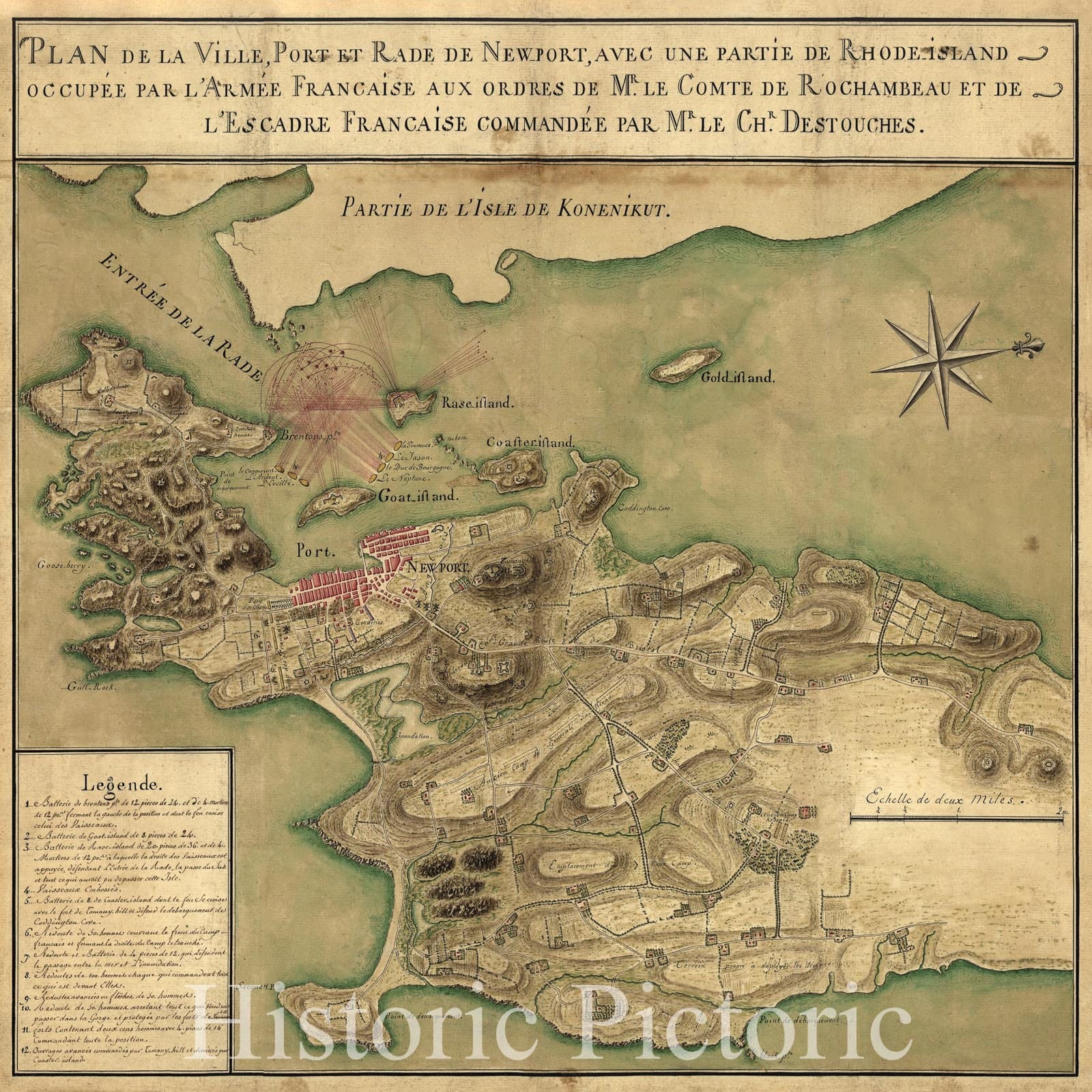 Historic 1780 Map - Plan de la Ville, Port, et Rade de Newport, avec une Partie de Rhode-Island occupÃ©e par l'armÃ©e franÃ§aise aux ordres de Mr. Le comte de Rochambeau