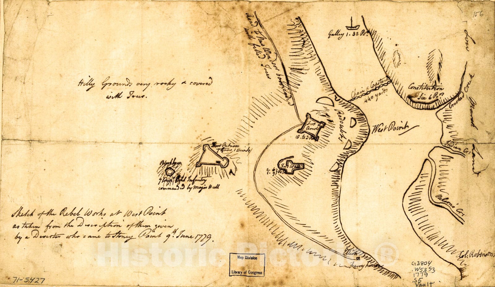Historic 1779 Map - Sketch of The Rebel Works at West Point as Taken from The Description of Them Given by a Deserter who Came to Stoney Point, 9th June, 1779.