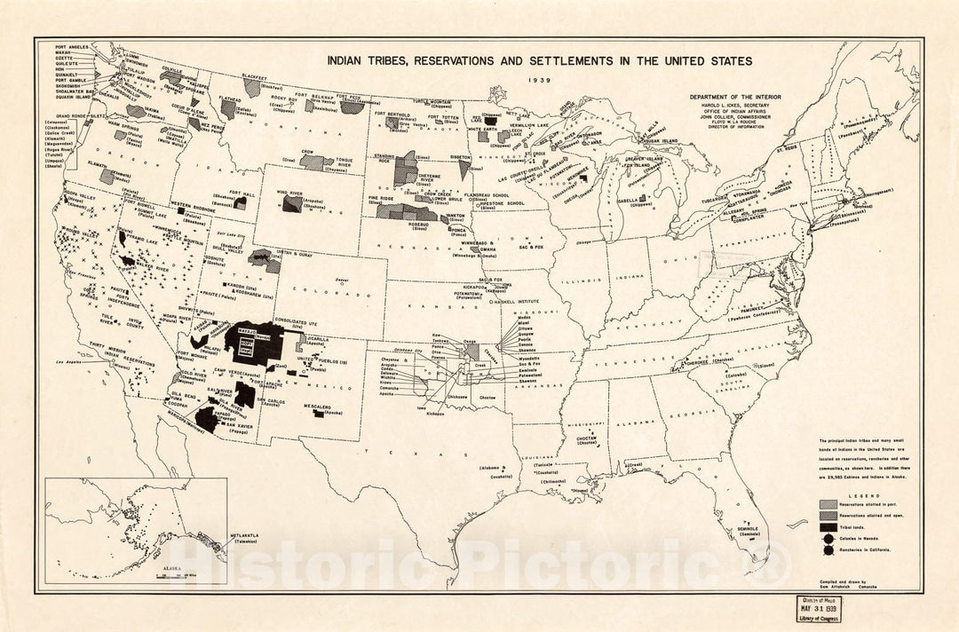 Historic 1939 Map - Indian Tribes, Reservations and settlements in The United States