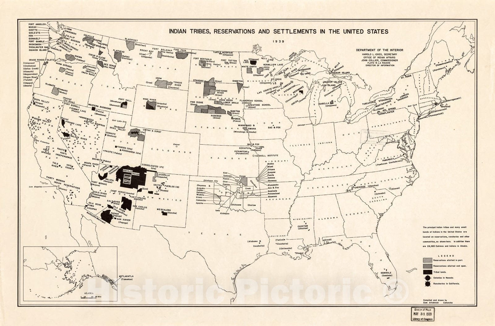 Historic 1939 Map - Indian Tribes, Reservations and settlements in The United States