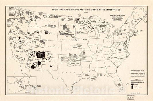 Historic 1939 Map - Indian Tribes, Reservations and settlements in The United States