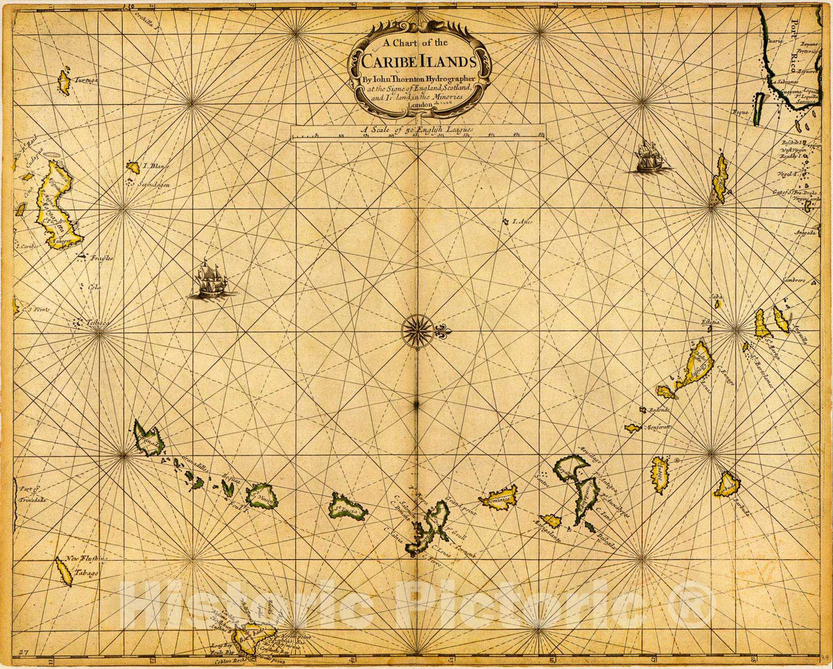 Historic 1680 Map - A Chart of The Caribe Ilands sic