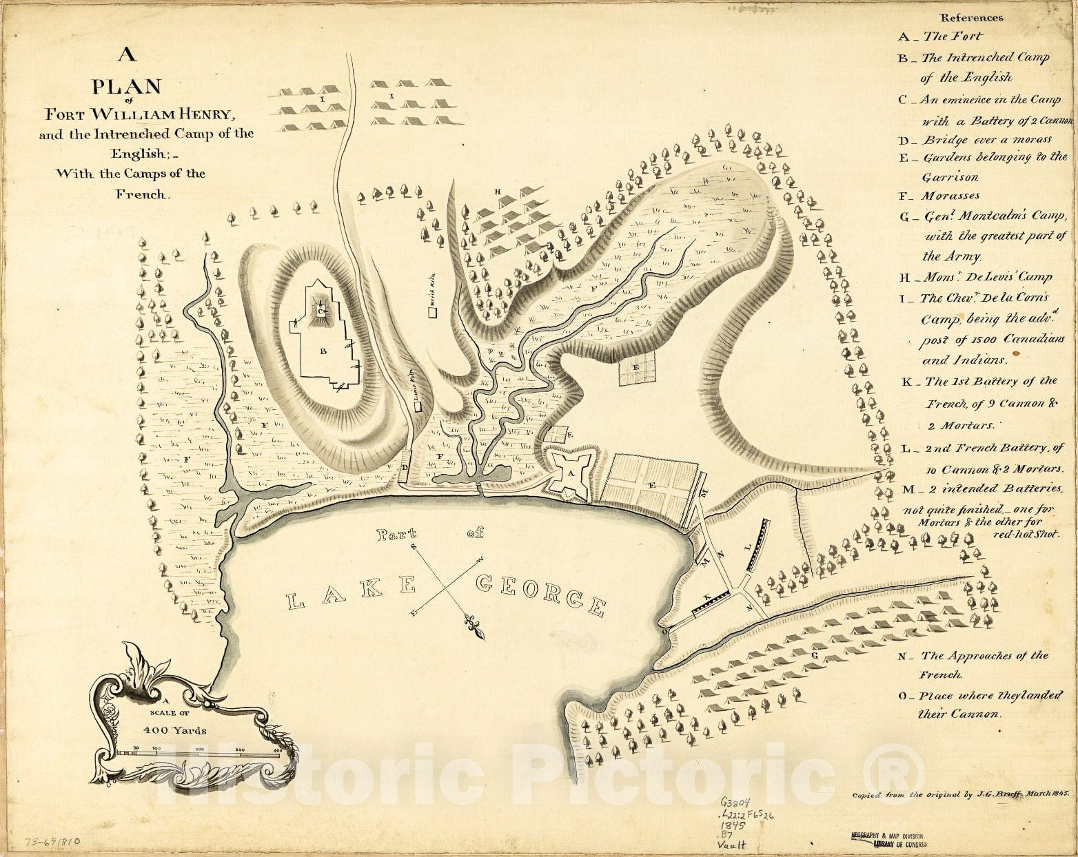 Historic 1845 Map - A Plan of Fort William Henry, and The intrenched Camp of The English;-with The Camps of The French.