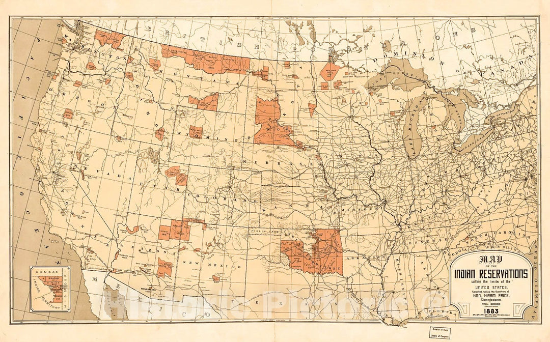 Historic 1883 Map - Map Showing Indian Reservations with The Limits of The United States : 1883