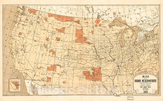 Historic 1883 Map - Map Showing Indian Reservations with The Limits of The United States : 1883