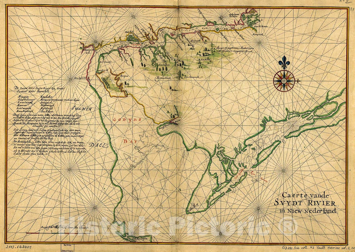 Historic 1639 Map - Caert vande Svydt Rivier in Niew Nederland.