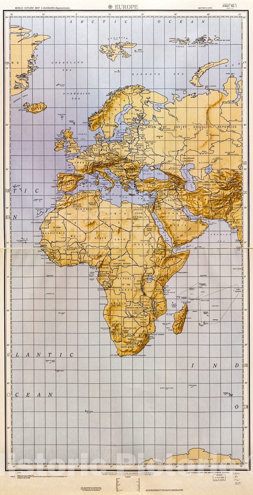 Historic 1961 Map - World Outline map 1:19,000,000 (approximate)