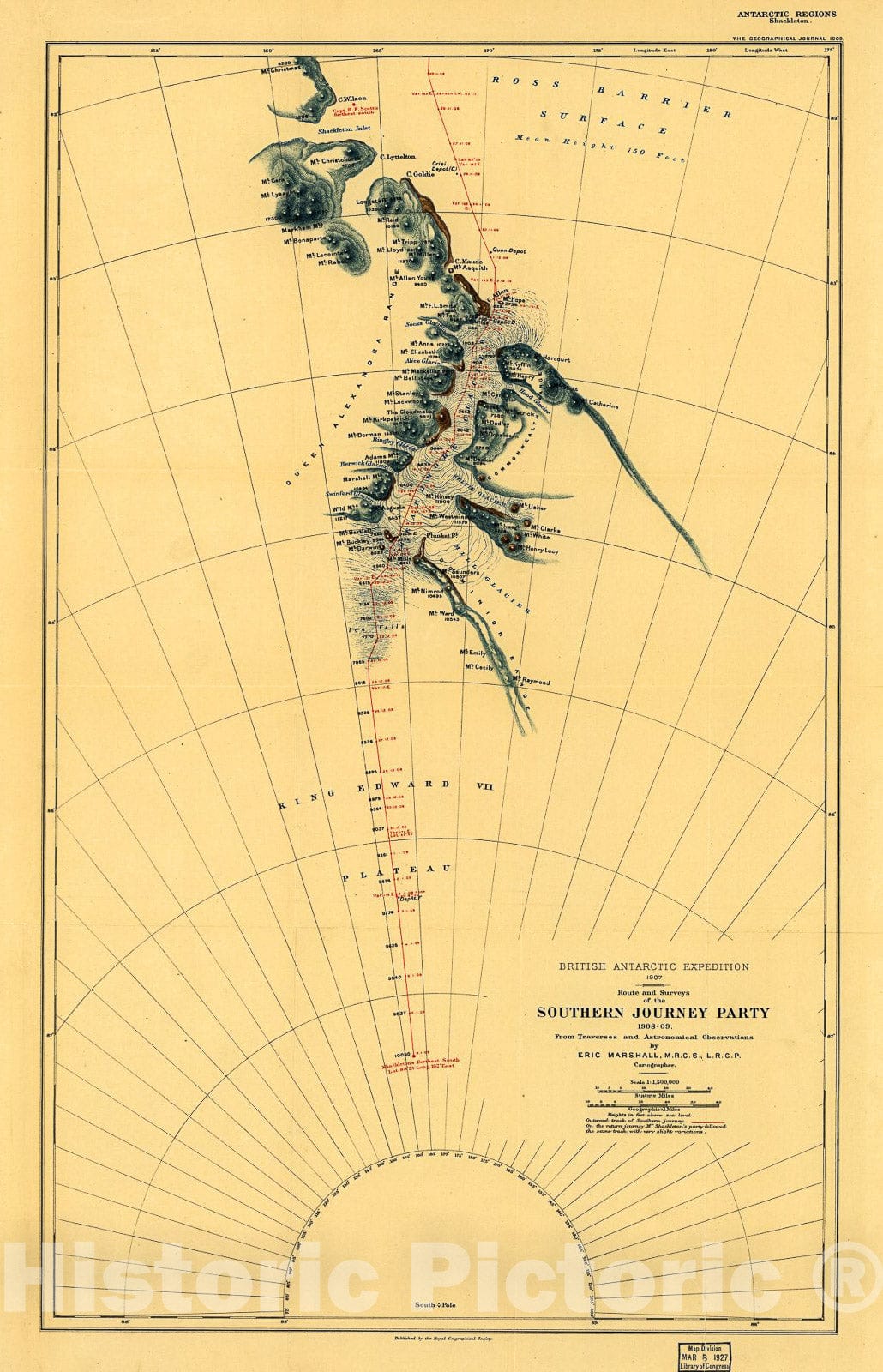 Historic 1909 Map - Route and Surveys of The Southern Journey Party, 1908-09.