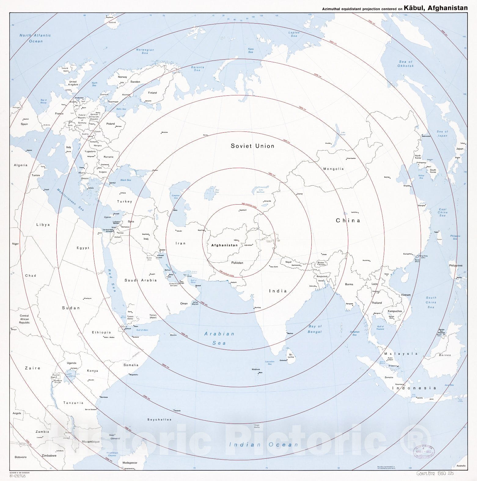 Historic 1980 Map - Azimuthal equidistant Projection Centered on Kbul, Afghanistan.