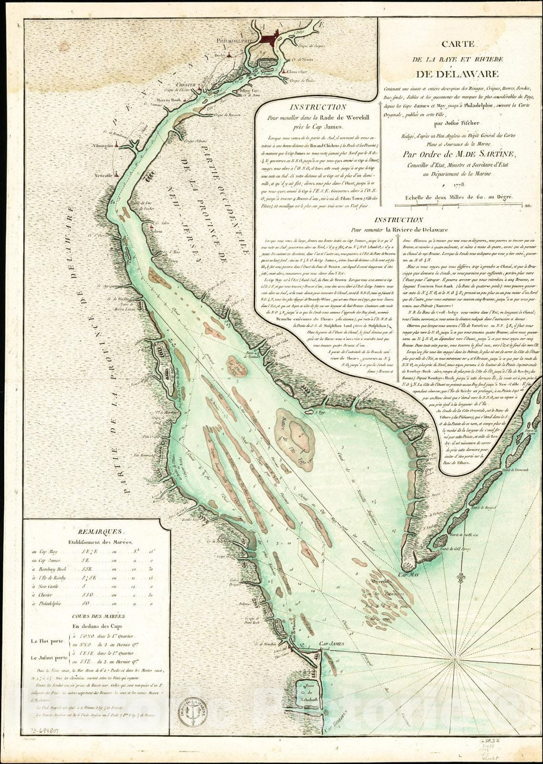 Historic 1778 Map - Carte de la baye et riviÃ¨re de DÃ©laware contenant une Ã©xacte et entiÃ©re Description des rivages, criques, havres, sondes, bas-sonds 2