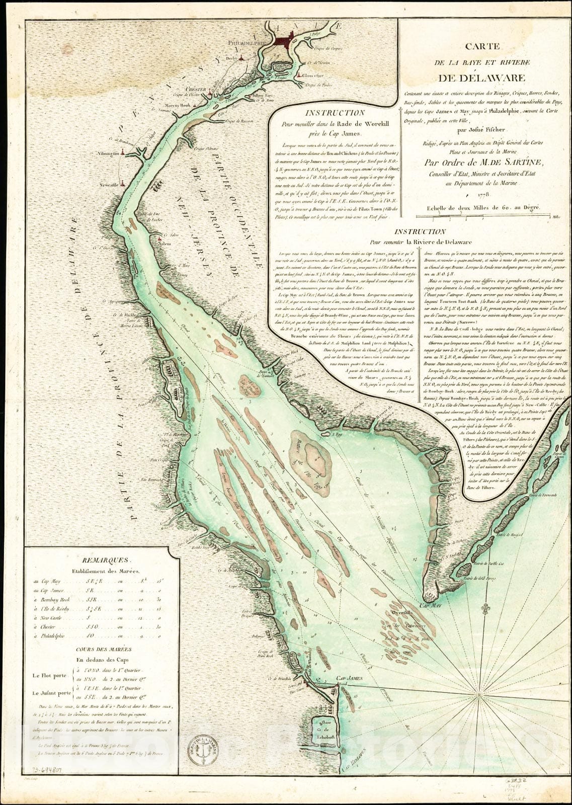 Historic 1778 Map - Carte de la baye et riviÃ¨re de DÃ©laware contenant une Ã©xacte et entiÃ©re Description des rivages, criques, havres, sondes, bas-sonds 2