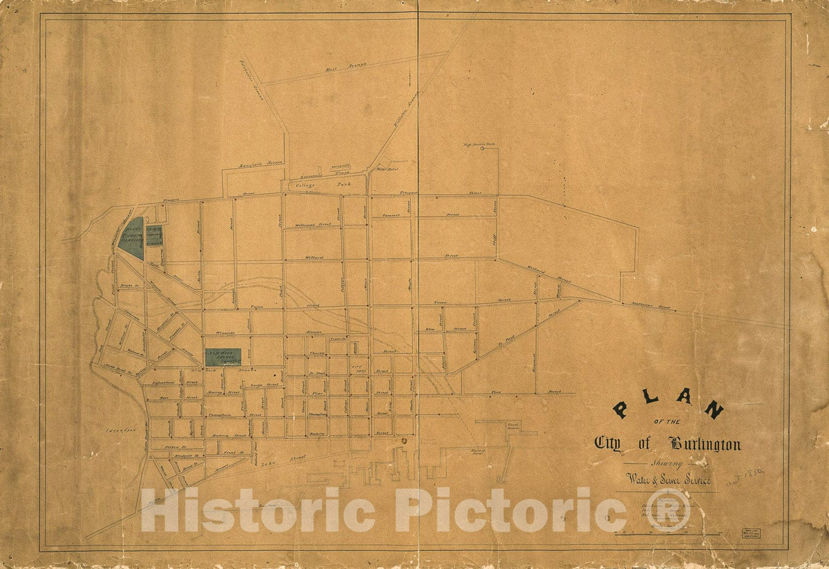 Historic 1850 Map - Plan of The City of Burlington shewing i.e. Showing Water & Sewer Service.