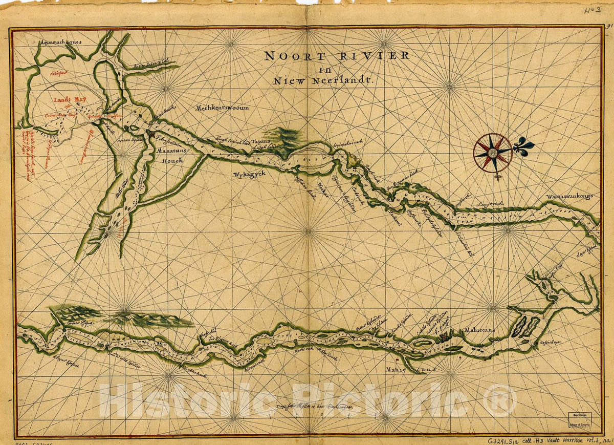 Historic 1639 Map - Noort Rivier in Niew Neerlandt.