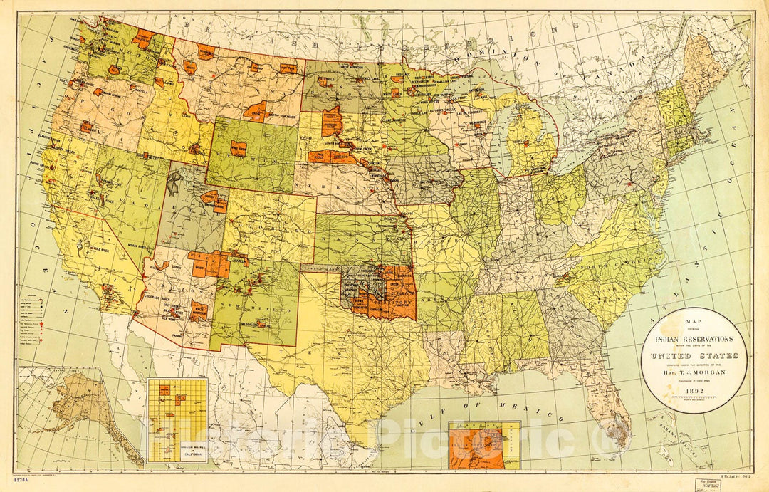Historic 1892 Map - Map Showing Indian Reservations Within The Limits of The United States