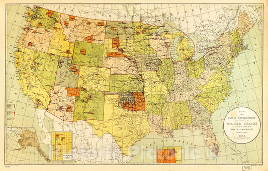 Historic 1892 Map - Map Showing Indian Reservations Within The Limits of The United States