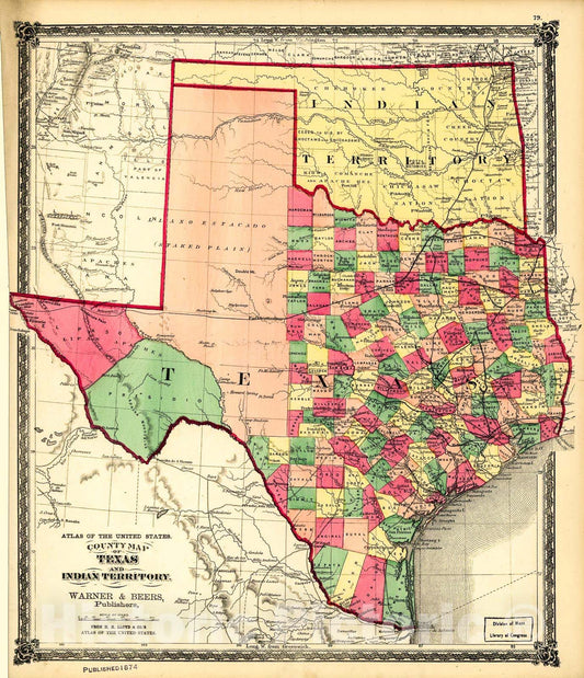 Historic 1875 Map - County map of Texas, and Indian Territory.