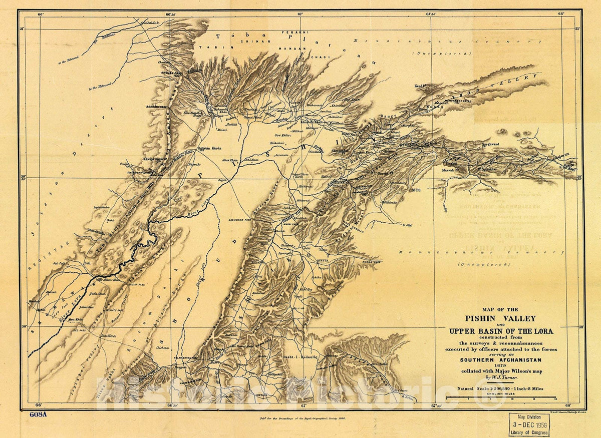 Historic 1880 Map - Map of The Pishin Valley and The Upper Basin of The Lora : Constructed from The surveys & reconnaissances executed by Officers Attached to The Forces Serving