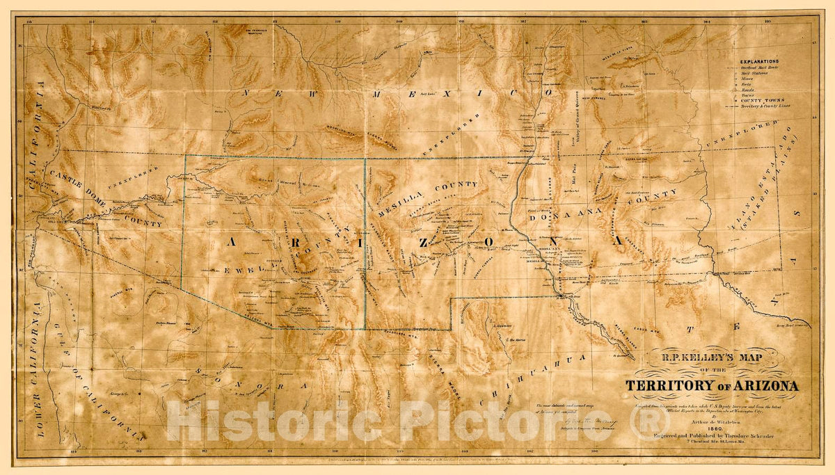 Historic 1860 Map - R.P. Kelley's map of The Territory of Arizona