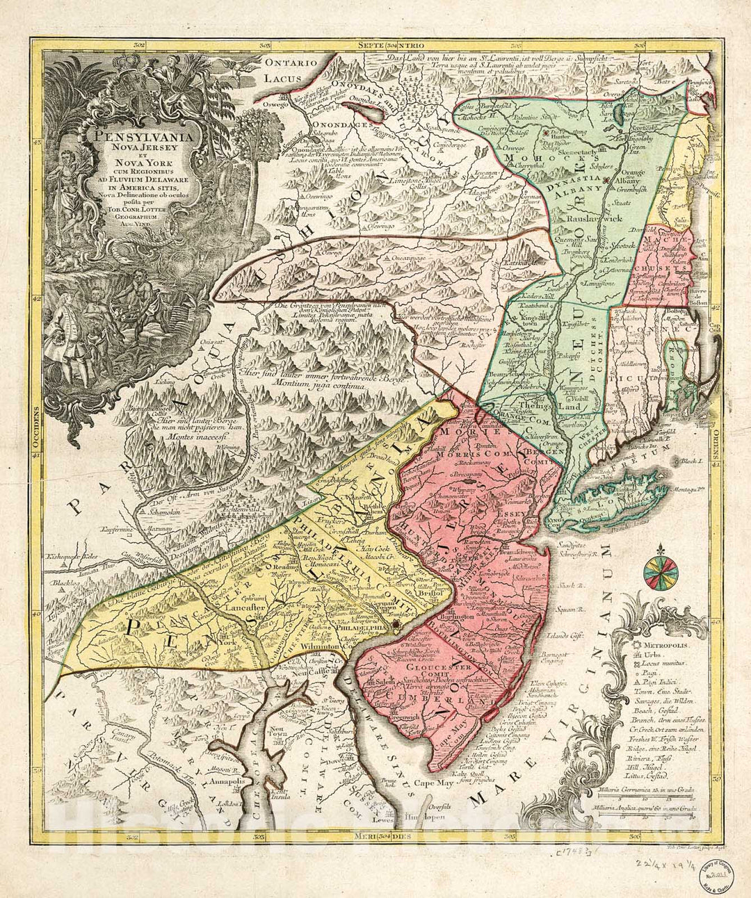 Historic 1748 Map - Pensylvania, Nova Jersey et Nova York Cum regionibus ad Fluvium Delaware in America sitis