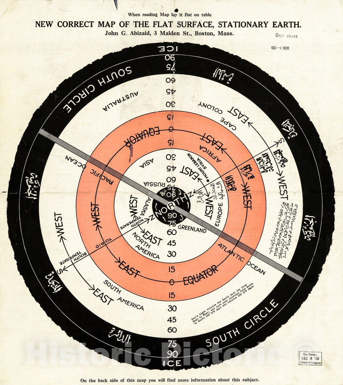 Historic 1920 Map - New Correct map of The Flat Surface, Stationary Earth