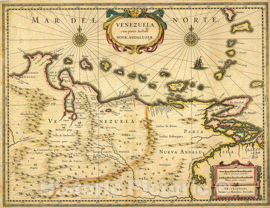 Historic 1630 Map - Venezuela, Cum Parte Auftrali Novae Andalausiae.