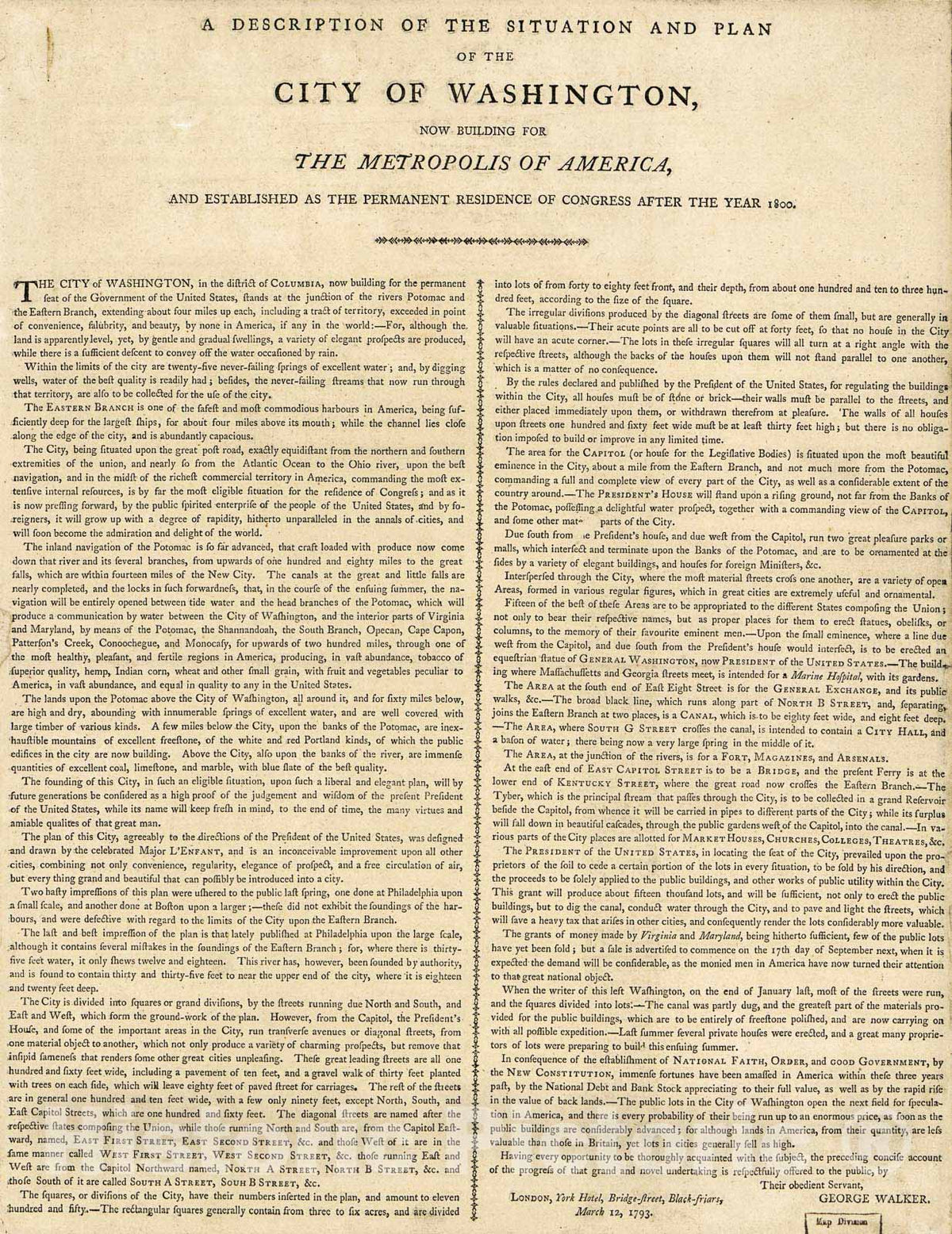 Historic 1793 Map - A Description of The Situation and Plan of The City of Washington : Now Building for The Metropolis of America, and Established as The Permanent Residence of Congress
